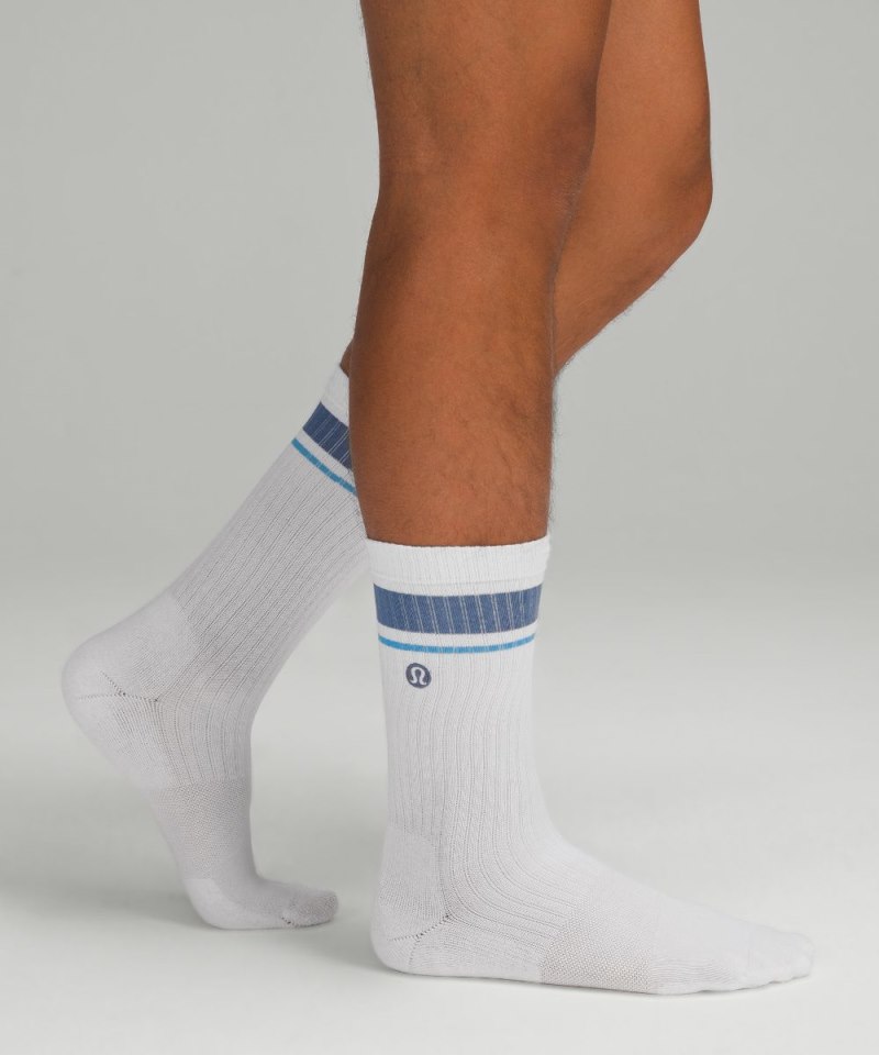 Lululemon | Men's Daily Stride Ribbed Comfort Crew Socks Stripe White / Oasis Blue / Kayak Blue