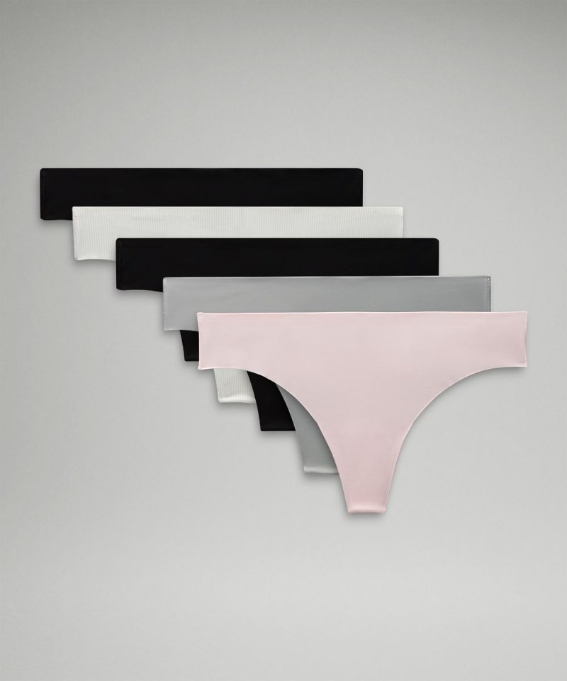 Lululemon | Women's InvisiWear Mid-Rise Thong Underwear 5 Pack Strawberry Milkshake / Silver Drop / Jumie Stripe White Vapor / Black / Black