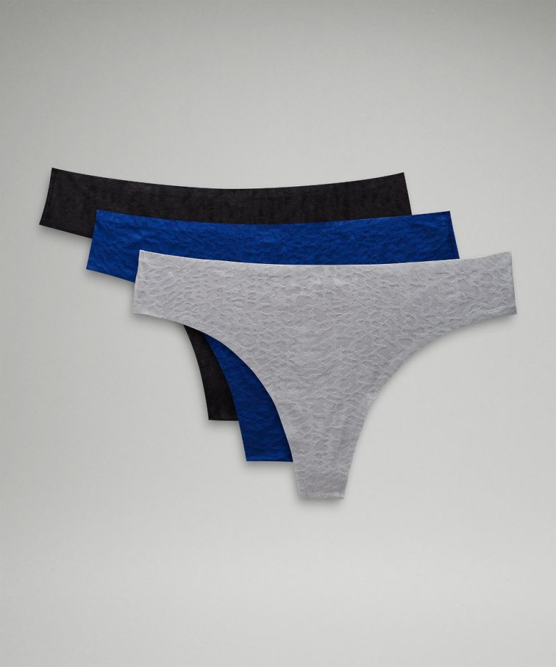 Lululemon | Women's InvisiWear Mid-Rise Thong Underwear Performance Lace 3 Pack Silver Drop / Lace / Larkspur / Lace / Black / Lace