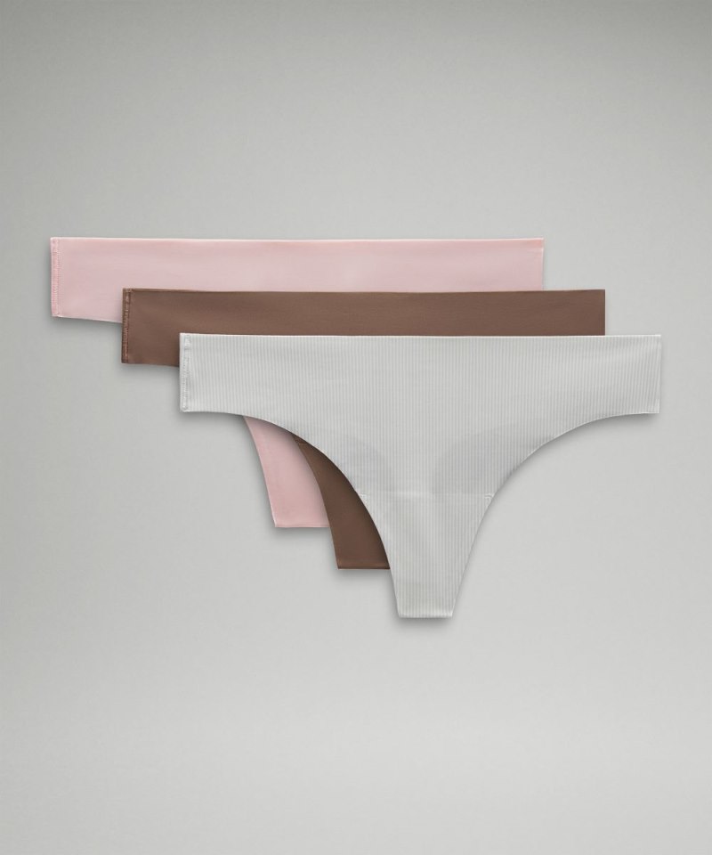 Lululemon | Women's InvisiWear Mid-Rise Thong Underwear 3 Pack Strawberry Milkshake / Taupetastic / Jumie Stripe White Vapor