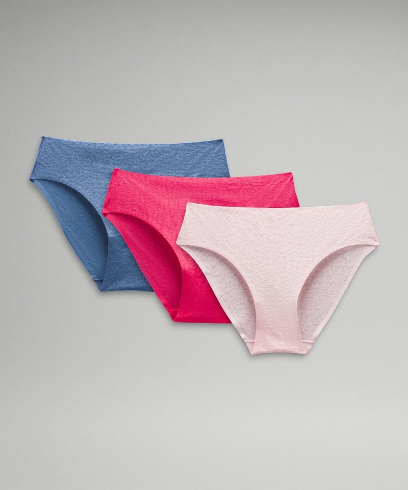 Lululemon | Women's InvisiWear Mid-Rise Bikini Underwear Performance Lace 3 Pack Oasis Blue / Lace / Strawberry Milkshake / Lace / Glaze Pink / Lace