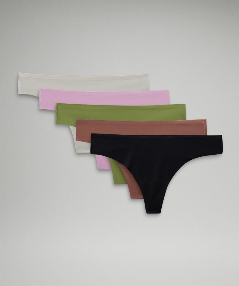 Lululemon | Women's InvisiWear Mid-Rise Thong Underwear 5 Pack Black / Bone / Vitapink / Twilight Rose / Herbaceous Green