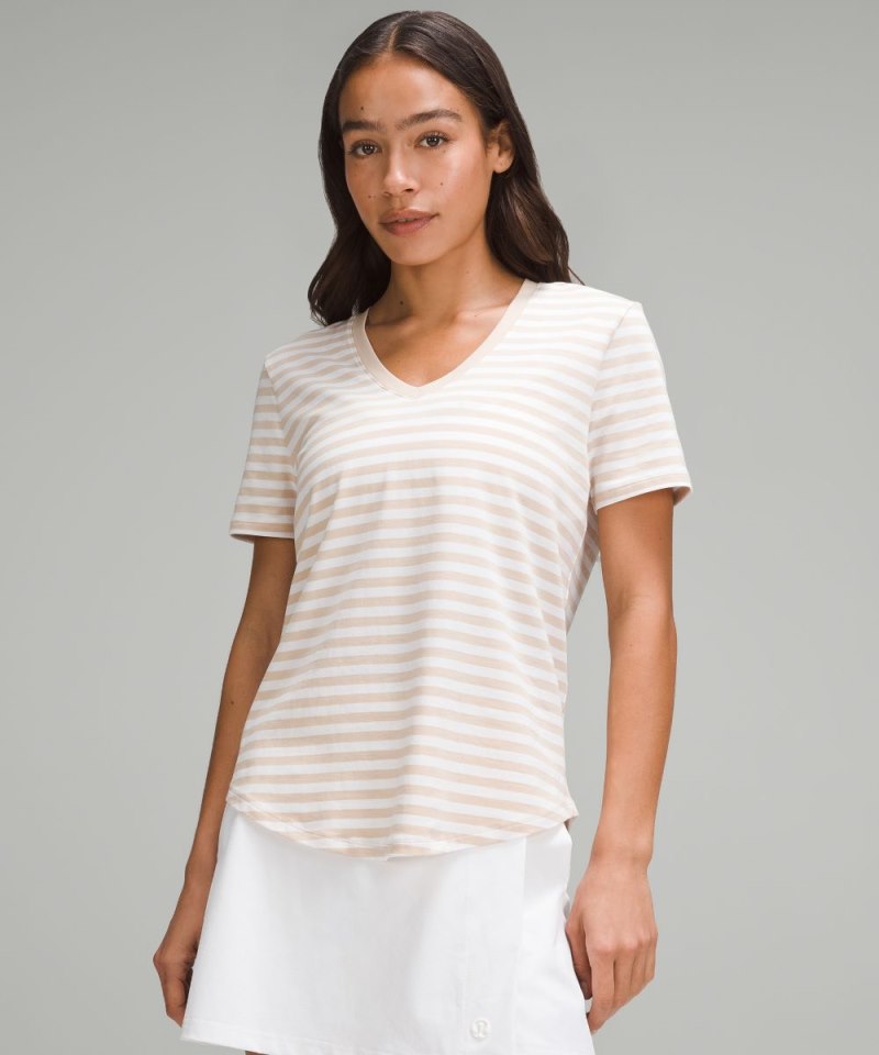 Lululemon | Women's Love V-Neck T-Shirt True Stripe Subtle Tan White