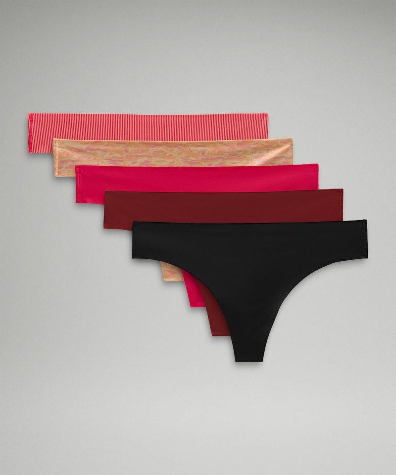 Lululemon | Women's InvisiWear Mid-Rise Thong Underwear 5 Pack Jumie Stripe Peach Bellini Glaze Pink / Chroma Wp Peach Bellini Subtle Tan / Glaze Pink / Gamay Red / Black