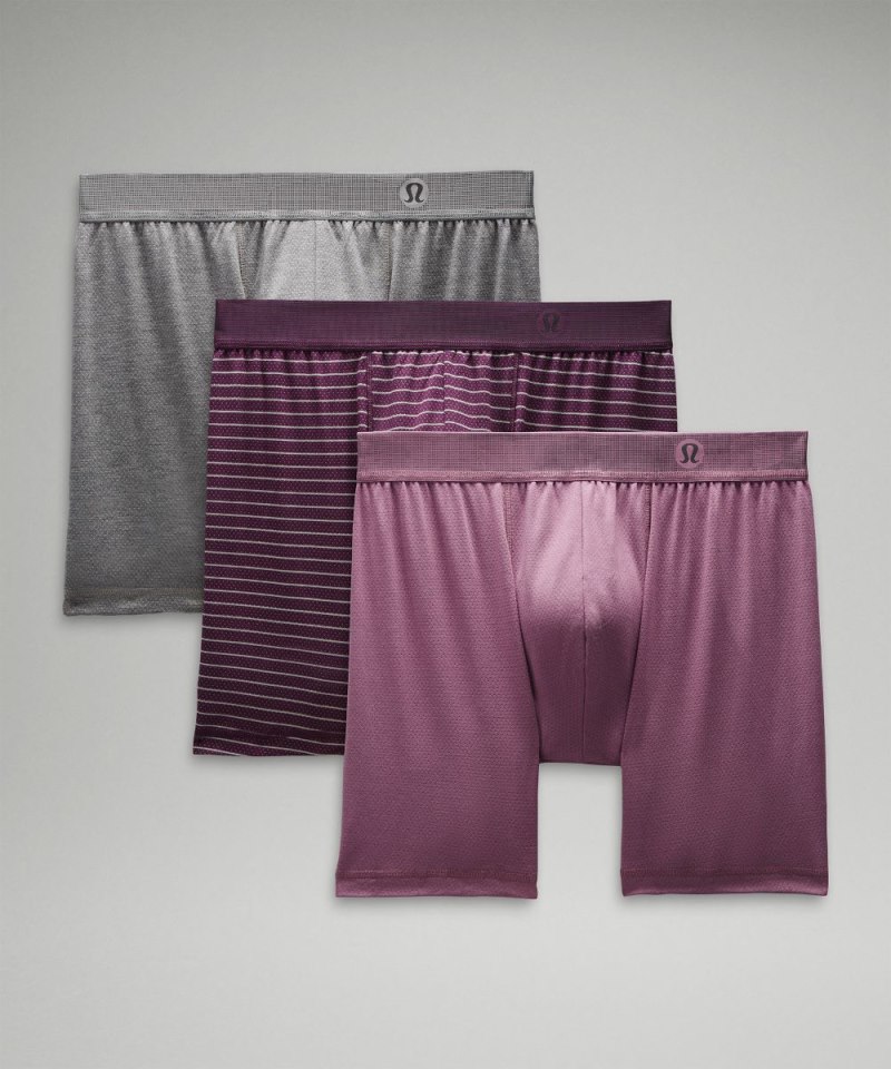 Lululemon | Men's Always In Motion Mesh Boxer 5"L 3 Pack Cyber Violet / Heathered Core Medium Grey / Pocket Stripe Jade Grey Grape Thistle