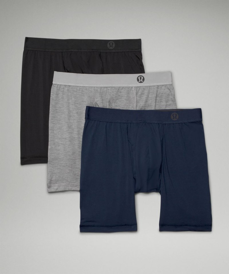 Lululemon | Men's Always In Motion Long Boxer with Fly 7"L 3 Pack Black / Heathered Core Medium Grey / True Navy