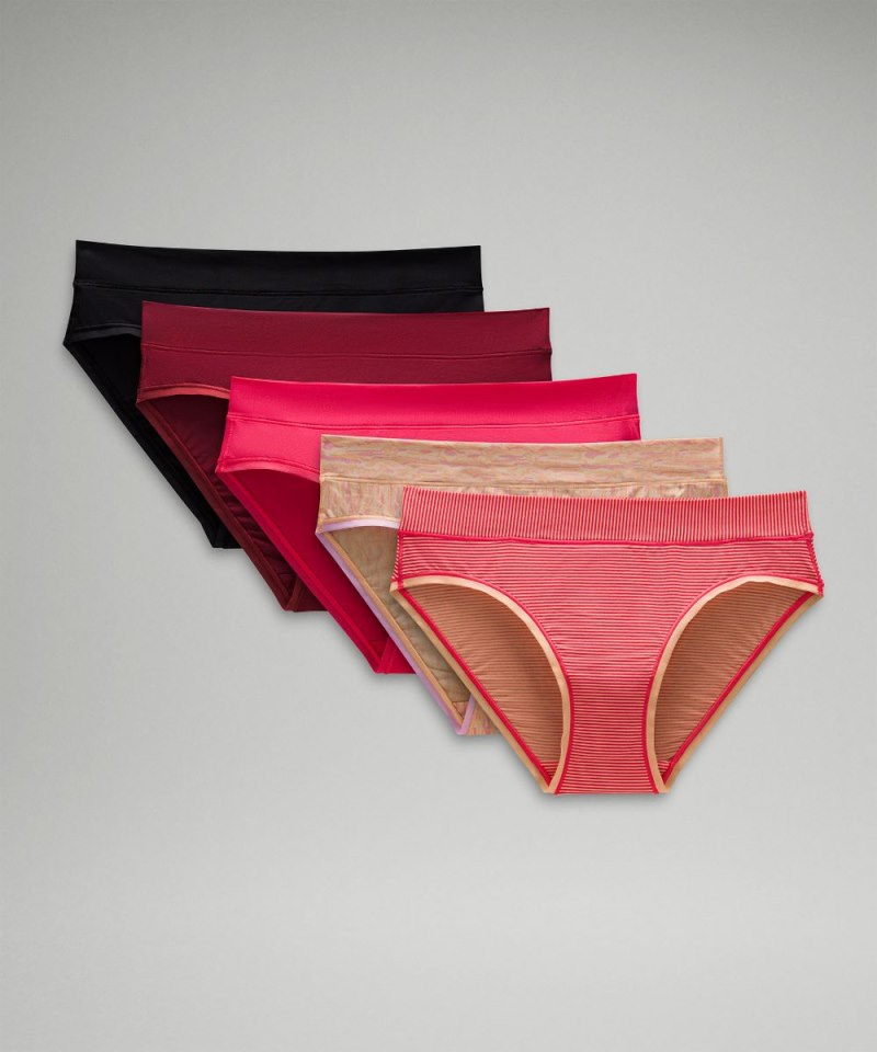 Lululemon | Women's InvisiWear Mid-Rise Bikini Underwear 5 Pack Jumie Stripe Peach Bellini Glaze Pink / Chroma Wp Peach Bellini Subtle Tan / Glaze Pink / Gamay Red / Black