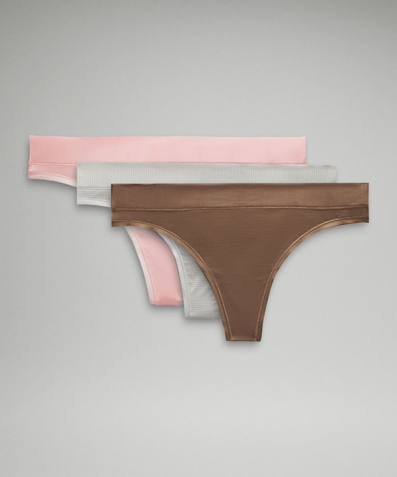 Lululemon | Women's UnderEase Mid-Rise Thong Underwear 3 Pack Strawberry Milkshake / Taupetastic / Jumie Stripe White Vapor