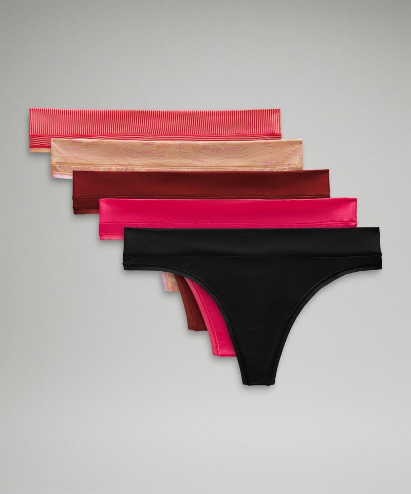 Lululemon | Women's UnderEase Mid-Rise Thong Underwear 5 Pack Jumie Stripe Peach Bellini Glaze Pink / Chroma Wp Peach Bellini Subtle Tan / Glaze Pink / Gamay Red / Black