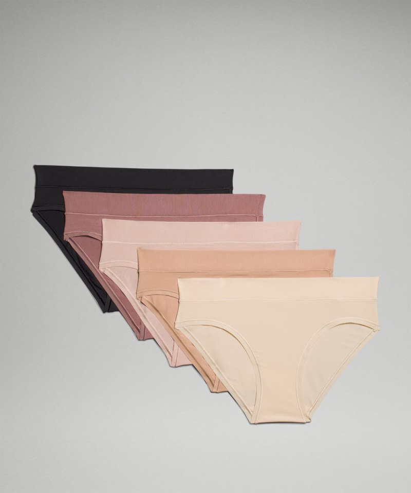 Lululemon | Women's UnderEase Mid-Rise Bikini Underwear 5 Pack Black / Twilight Rose / Misty Shell / Pale Linen / Contour