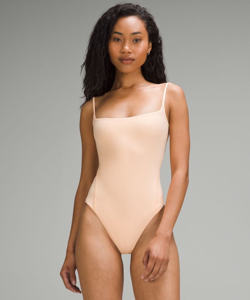 Lululemon | Women's Wundermost Ultra-Soft Nulu Square-Neck Spaghetti-Strap Bodysuit Peach Bellini