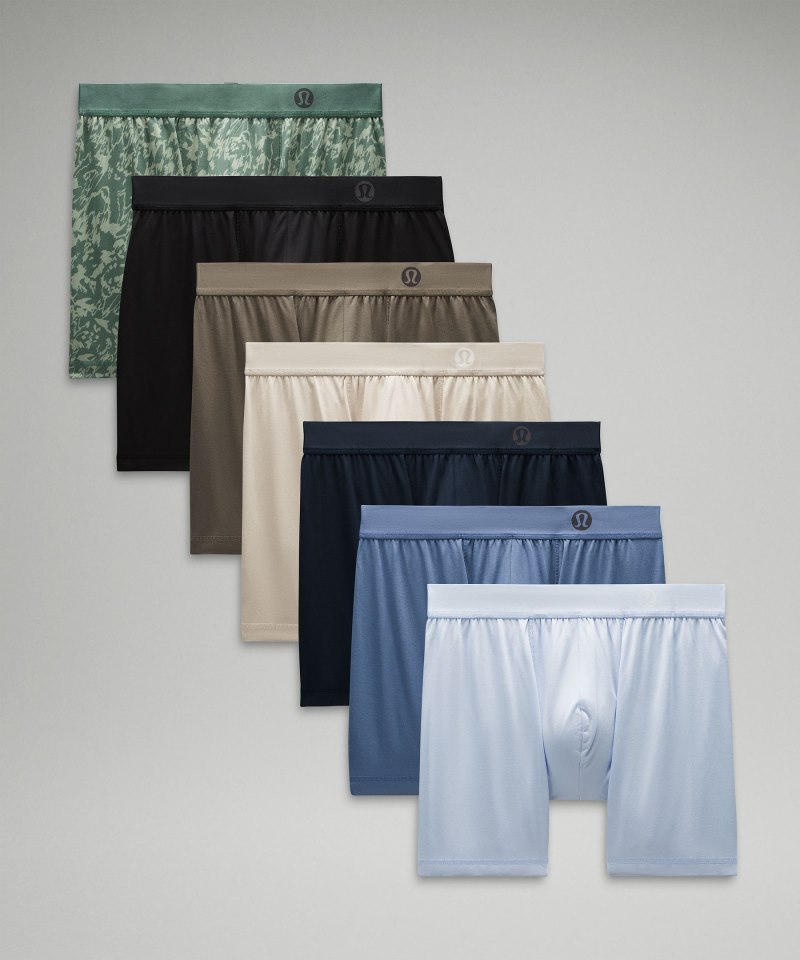 Lululemon | Men's Always In Motion Boxer 5"L 7 Pack Vista Glide Palm Court Medium Forest / Black / Rover / Mojave Tan / True Navy / Oasis Blue / Windmill